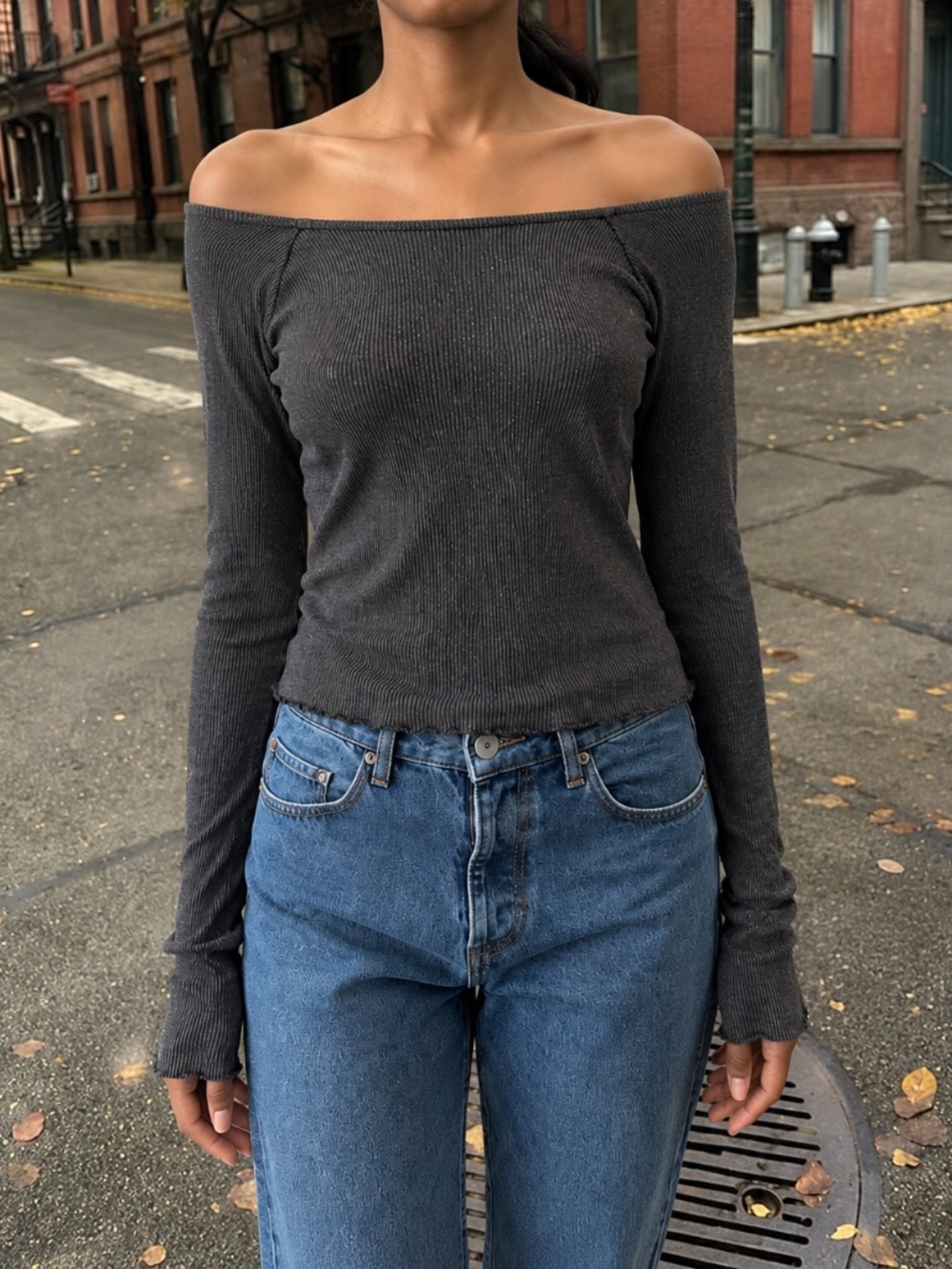 Brandy Melville Dark Grey Ribbed Off-Shoulder Long Sleeve Top | One Size (S/M)